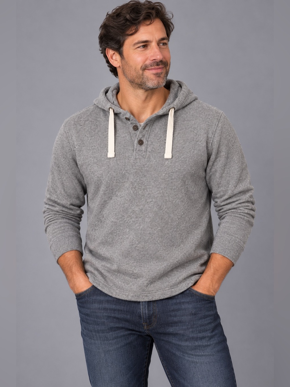 G.H. Bass Men’s Henley Hoodie Pullover Gray Large